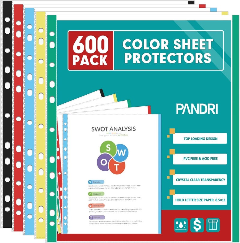 PANDRI Sheet Protectors, 600 Pack Color Heavy Duty Plastic Page Protectors Sheet Reinforced 11-Hole Fit for 3 Ring Binder Fits Standard 8.5 x 11 Paper, 9.25 x 11.25 Top Loaded, Excluding Acid - Image 1